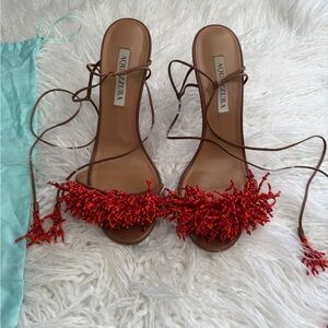 Aquazzura Brown Leather Lace-Up Heels with Red Beaded Fringe